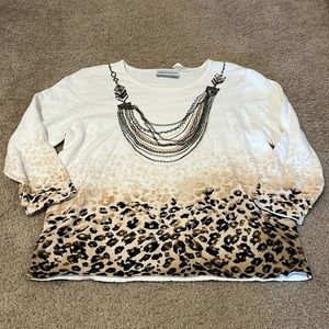 Alfred Dunner 3/4 Length Sleeve Leopard Print Sweater